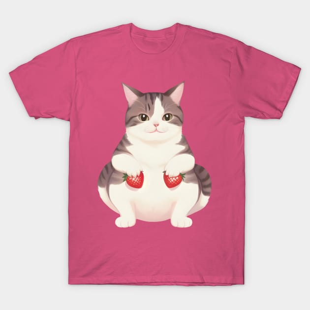 Cute Cat Holding Strawberries T-Shirt by PHDesigner